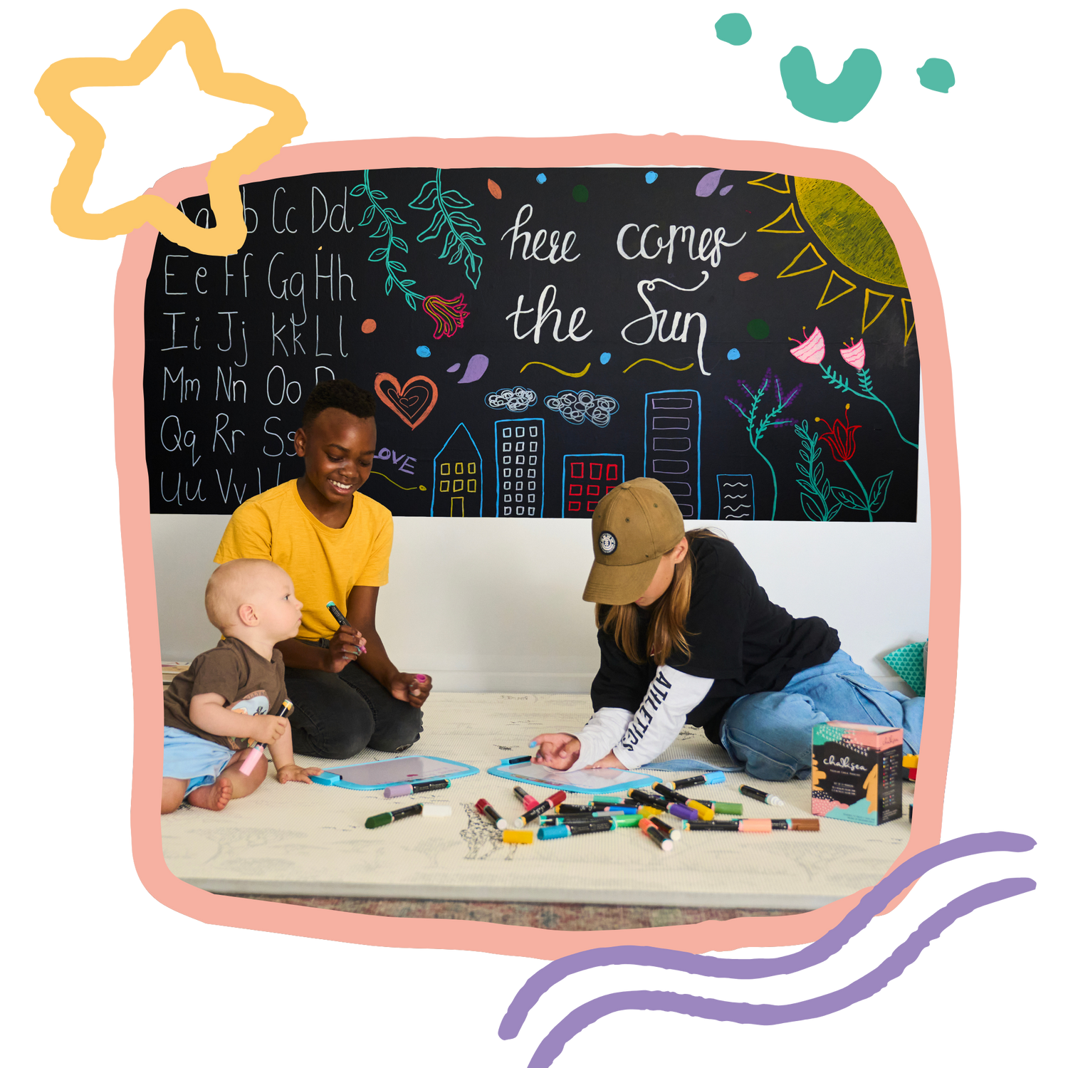 children using chalk markers on chalkboard